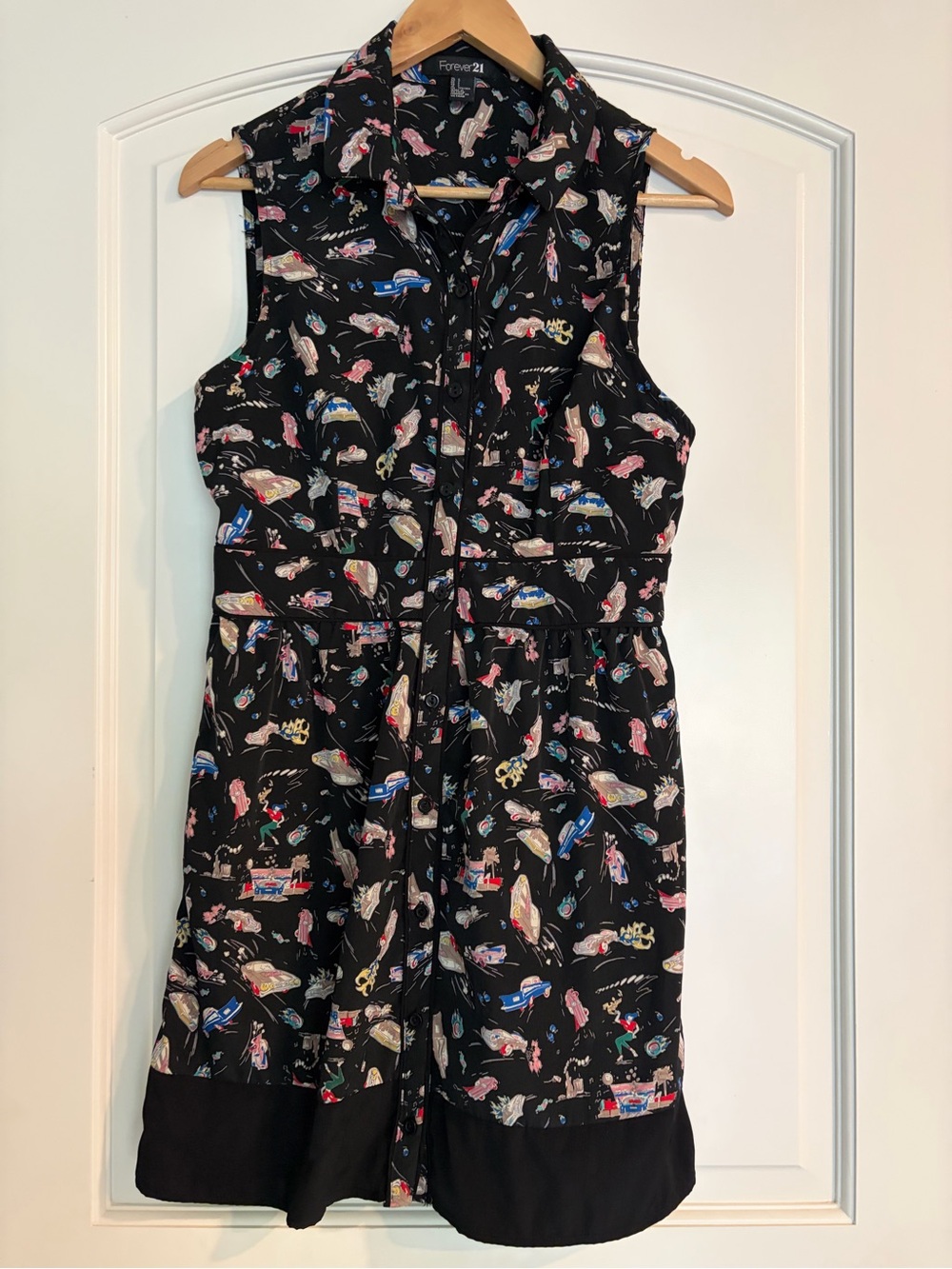 Forever 21 Rockabilly Carhop Print Dress Pin Up Retro Button Up Size L